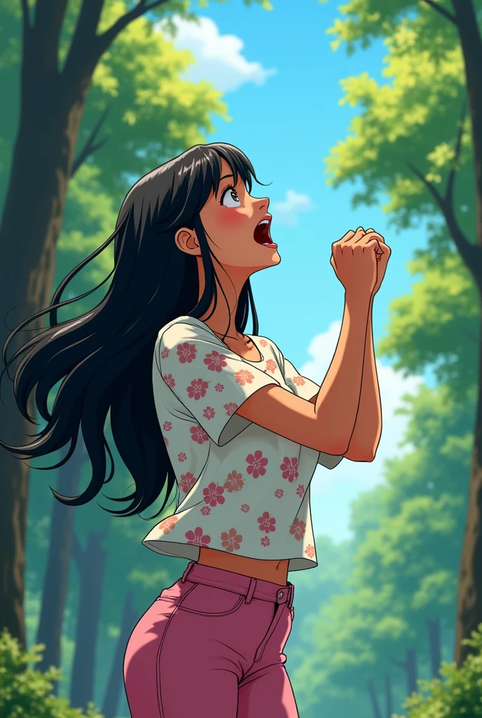 A 25-year-old girl，Wearing a white floral top，Black long hair，Place your hands on either side of your mouth，Shout，Pink pant，Shout to the sky，sideways，side，Background with forest，Trees，Anime style，Pixar style