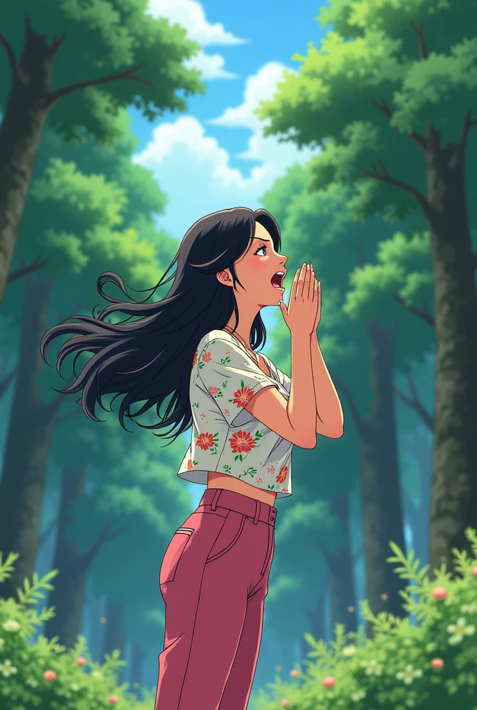 A 25-year-old girl,Wearing a white floral top,Black long hair,Place your hands on either side of your mouth,Shout,Pink pant,Shout to the sky,sideways,side,Background with forest,Trees,Anime style,Pixar style