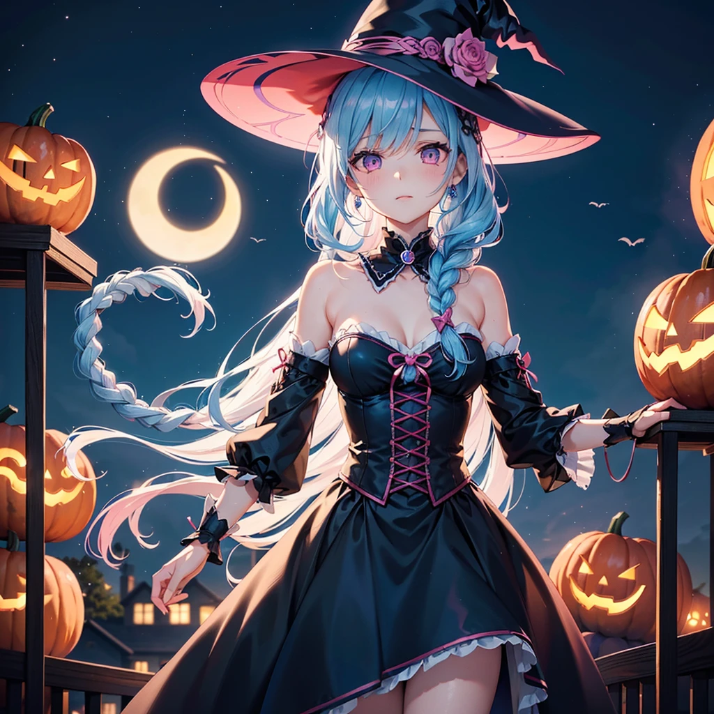 (Sky Blue Hair),(Braided medium hair:1.2), (Pink Eyes),Fair skin) ,(whole body),(One Girl),(Crescent Moon),(There are many pumpkin ghosts in the background),(If you don't give me sweets, I'll be mischievous.),Halloween Night Party),(masterpiece, Highest quality, Very detailed, Best Shadow), (Detailed Background), (Beautifully detailed face), High Contrast, (Best lighting, Very delicate and beautiful), ((Cinematic Light)), Hyper Detail,8k, Dramatic Light, Intricate details,Cute witch clothes,night,Bats flying in the background,