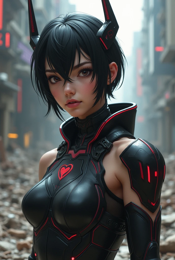 (Highest quality:1.2),(On the rubble of a collapsing city),(Perfect Beautiful Face 1.2, Cool look, Thick eyebrows, Strong-willed eyes, Invincible smile),(Perfect and beautiful posture:1.2),((Android female warrior)), (((muscle)), (Short black hair),Clear Eyes,((Burning heart logo, Red accent on black background:1.2, Cyber Suit, Horned Headgear, Shoulders are exposed))