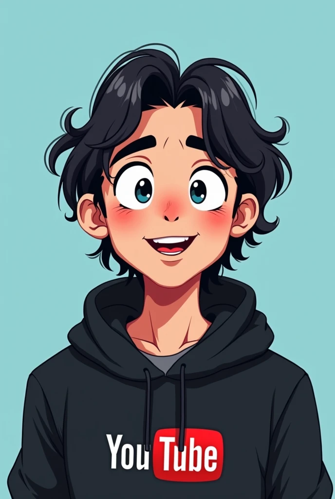 The image is a digital illustration of a young man's face. He long black hair and is wearing a black hoodie with youtube logo. His eyes are wide open and his mouth is slightly , as if he is smiling. The background is a light blue. The overall style of the illustration is simple and cartoon-like.