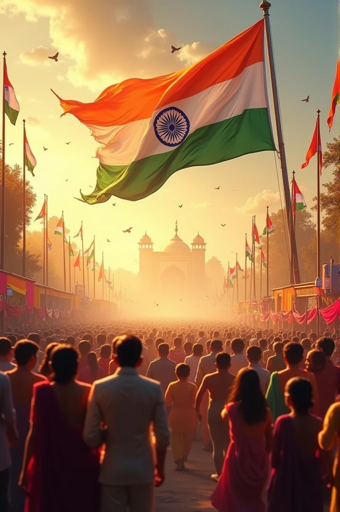 Beautiful morning, sun risen and people were celebrating independence day with indian flag
Text happy independence day