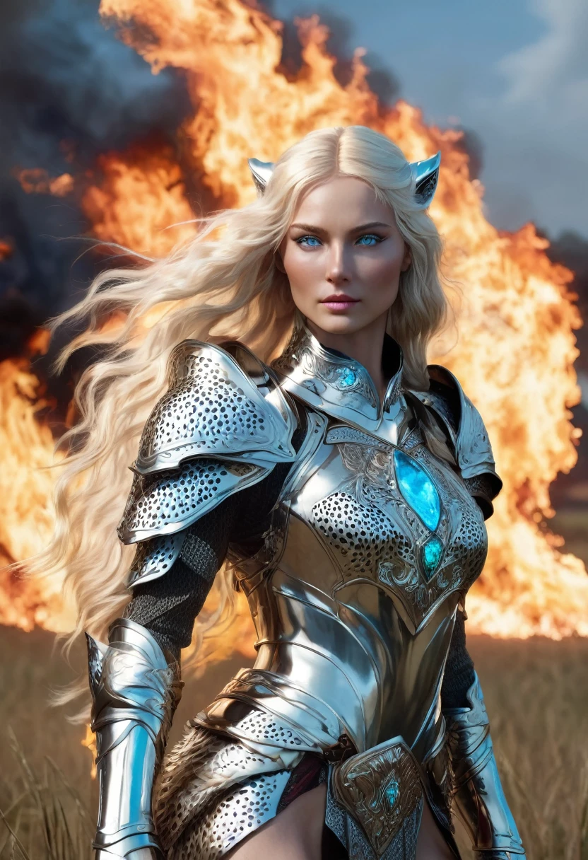 1 woman, inside an open field surrounded by fire, on her side a white leopard, the fire surrounds the woman and the animal, she is wearing silver armor, detailed facial features, feminine turquoise blue eyes, detailed fair skin, long blonde hair, small elf ears, dramatic lighting, cinematic composition, dark palette, dark colors, atmospheric haze, thin chin, thin face, thin body, soft face, thin and beautiful woman, adult woman, ultra realistic, adult woman (best quality, 4K, 8K, high resolution, art: 1.2), ultra detailed (realistic, photorealistic, photorealistic: 1.37)