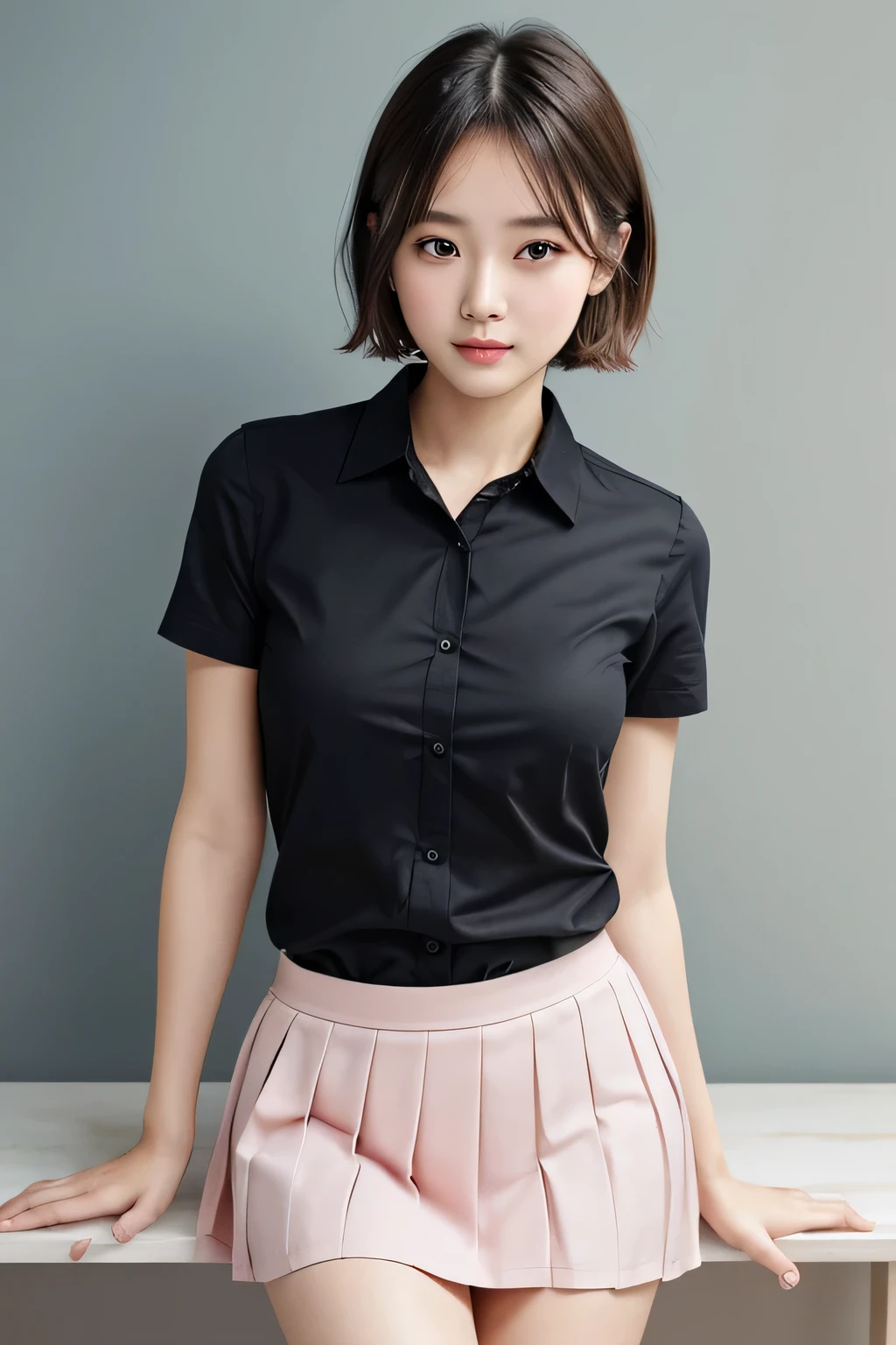 (High resolution、8k:1.3)、masterpiece、(Ultra-realistic as a photo:1.3)、Very nice finish、Sharp focus, 超High resolutionの顔、Highest quality、The face is in focus、Ultra high definition and beautiful eyes、Eyes are symmetrical、High quality and beautiful skin、Firm Skin、Japanese Girls, thin、very cute、17 years old、(Black short-sleeved shirt、Pleated skirt、Ultra mini skirt), Sitting、Pink wall、Natural Makeup, (blush:1.3), (Embarrassing:1.3)、(View your audience:1.3)，short hair, Messy Hair、White collared shirt、sexy、
