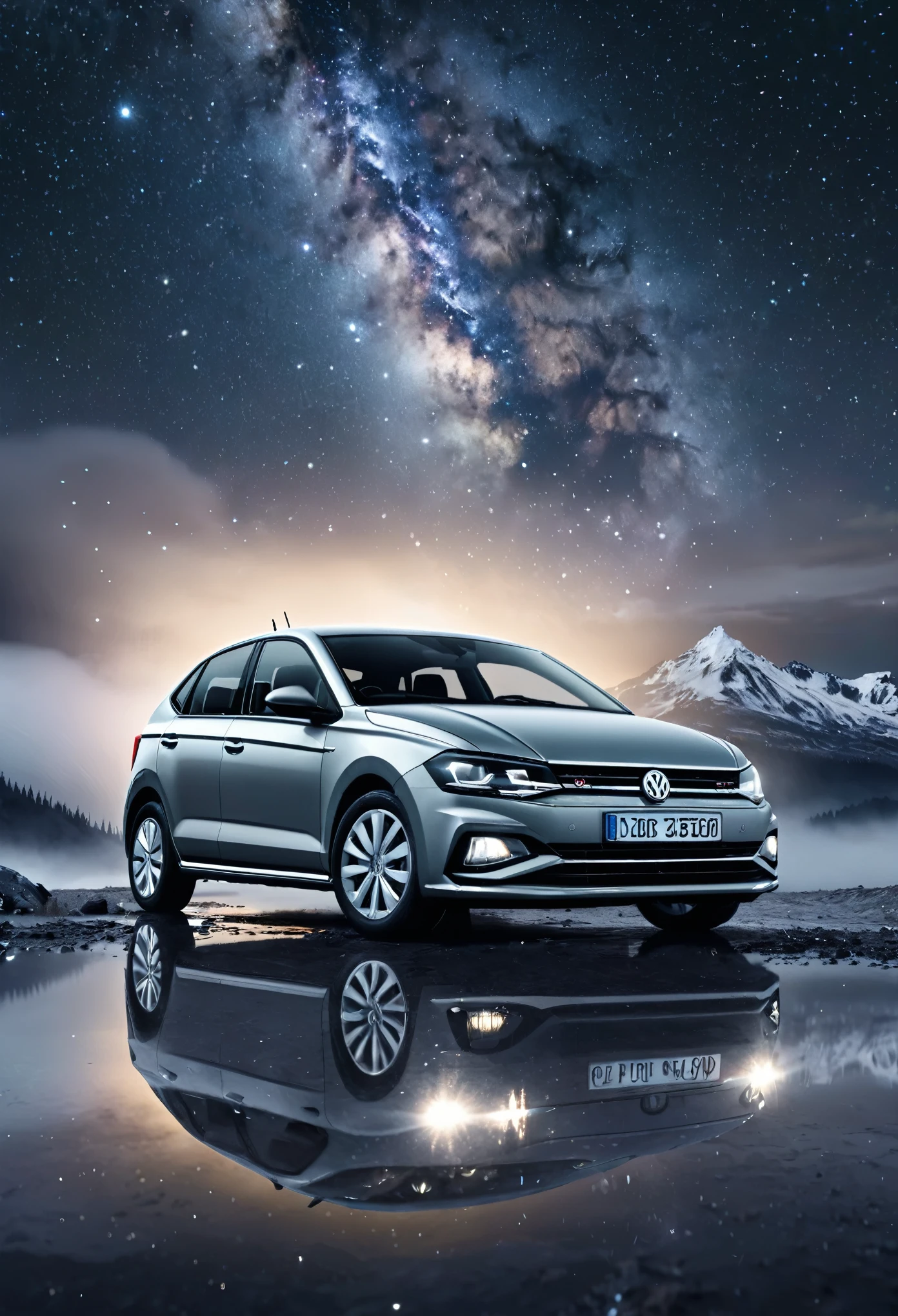 a grey volkswagen polo sedan, номерной знак «вр550о 122», surrounded by millions of stars, highly detailed, photorealistic, 8k, cinematic lighting, dramatic atmosphere, stunning cosmic landscape, volumetric fog, beautiful night sky, glowing stars, galaxy, nebulae, detailed reflections, wallpaper iPhone