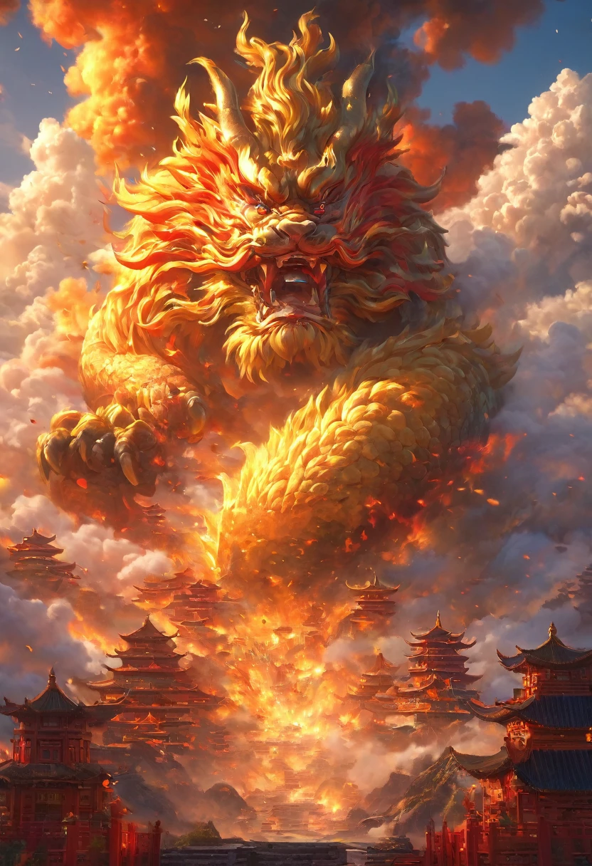 Dans un monde imaginaire, dans une architecture traditionnelle chinoise, souris de feu, nuages, soleil, ciel, montagnes, éclairs, (Qualité supérieure, 4k, haute résolution, chef-d'œuvre : 1.2), extrêmement détaillé, (Réalisme : 1.37), couleurs vives, effets flous, lumières vives.