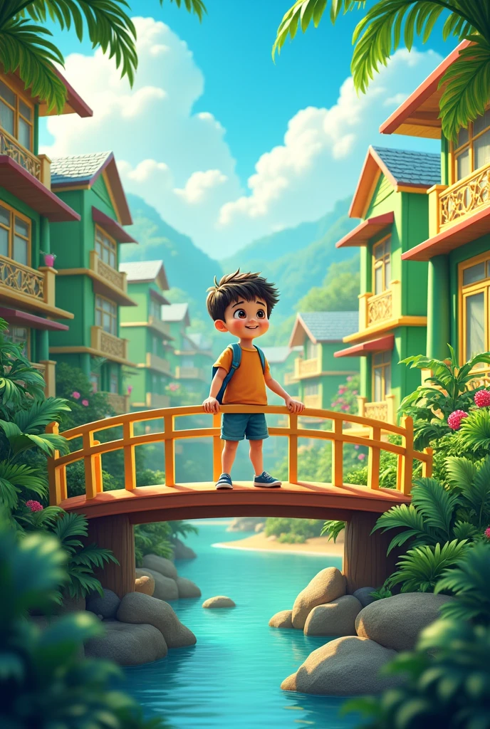Image of boy on school bridge at school on island (the school is green and yellow