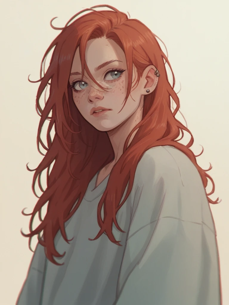 check_9, check_8_up, check_7_up, check_6_up, check_5_up, check_4_up, 1 girl, freckles, freckles, grey eyes, red long hair, bang
, Ear piercings, ju1ch3,