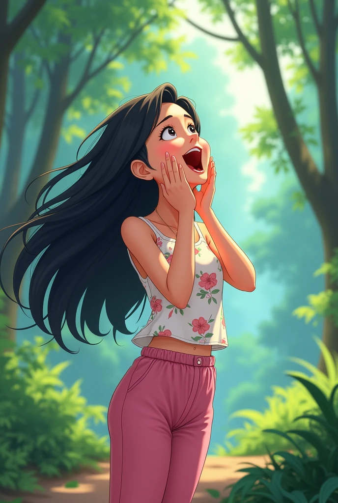 A 25-year-old girl,Wearing a white floral top,Black long hair,Place your hands on either side of your mouth,Happy shout,Pink pant,Shout to the sky,sideways,side,Background with forest,Trees,Anime style,Pixar style