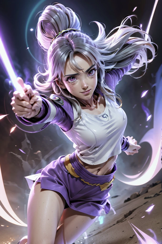 8k, 3D, 3D rendering, Best Quality, realist, Victoria Villarruel dressed as Goku, combat pose, bright purple clothes, ultrainstinct mode, ultrainstinct aura, very bright silver eyes, white aura around body, bright white long hair, floating hair raised, slim figure with wide hips, serious expression, grin. outdoor, clearing, plain, desert.