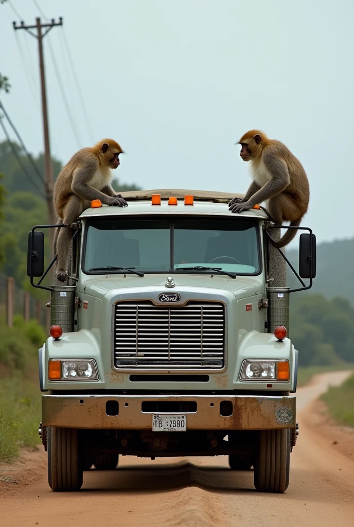 Hi. take a picture in which there is a truck from the front and a monkey leaning on it on both sides, like two drivers