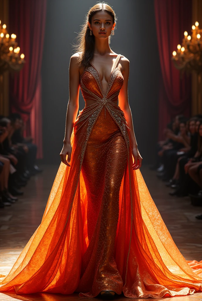 Create an evening gown for pageant that is inspired by a dragon