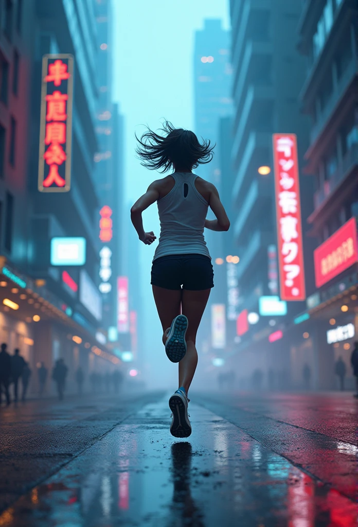 Futuristic running shoes。"A dynamic, cinematic scene of a young woman running through a futuristic, neon-lit city. She is seen from behind, with her short hair flowing in the wind as she sprints down a reflective, wet street. The towering skyscrapers on either side are adorned with vibrant, glowing signs in various shades of red and blue. The atmosphere is filled with a soft, ethereal mist that diffuses the lights, creating a dreamlike ambiance. The image has a cyberpunk aesthetic, with strong contrasts between the bright neon lights and the darker shadows of the city. The overall mood is energetic and intense, capturing the sense of motion and urgency in a visually stunning environment."

