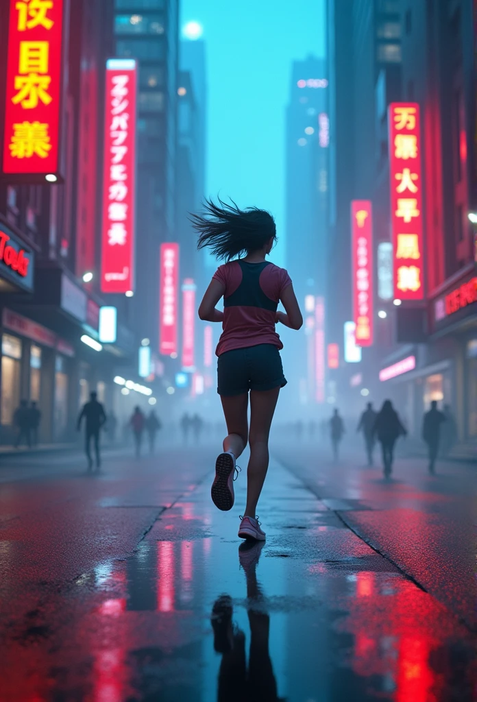 Futuristic running shoes。"A dynamic, cinematic scene of a young woman running through a futuristic, neon-lit city. She is seen ???????????, with her short hair flowing in the wind as she sprints down a reflective, wet street. The towering skyscrapers on either side are adorned with vibrant, glowing signs in various shades of red and blue. The atmosphere is filled with a soft, ethereal mist that diffuses the lights, creating a dreamlike ambiance. The image has a cyberpunk aesthetic, with strong contrasts between the bright neon lights and the darker shadows of the city. The overall mood is energetic and intense, capturing the sense of motion and urgency in a visually stunning environment."

