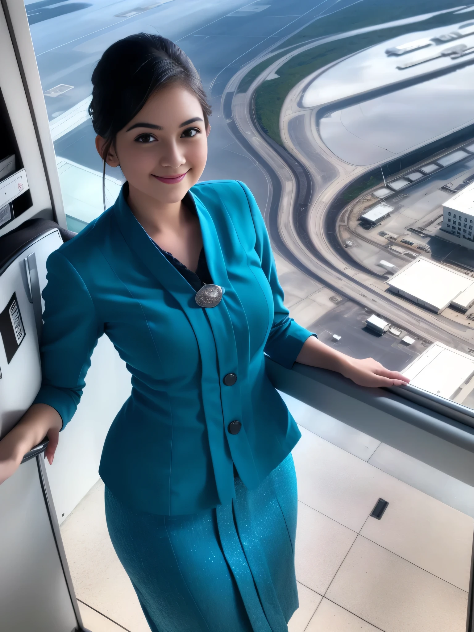 1girl, solo, 19 years old, standing in the middle of a large airport, seductive pose, thick medium breasts, fit body, smooth realistic skin, cute little smirk, wearing flight attendant uniform, looking at the audience, (overhead shot:1.3), (zoom-out:1.4), (8k, RAW photo, best quality, masterpiece: 1.4), (realistic, realistic: 1.37), ultra-high resolution, cowboy shot