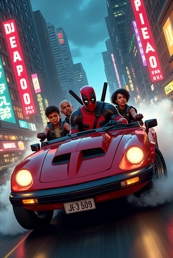 deadpool driving car with passengers 