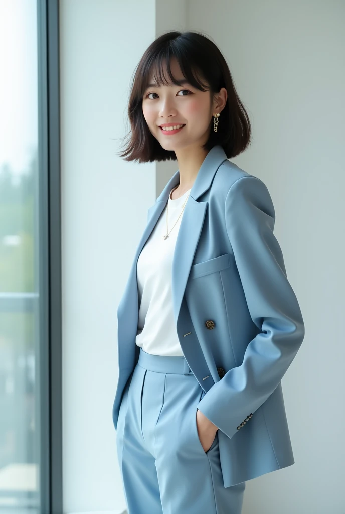 Highest quality, masterpiece, Ultra-high resolution, Height: 165cm, smile, Fine grain, short hair,Light blue suit, White shirt,Position: Sideways,The face is tilted,Casual pants, Beautiful Face, bangs, girl, 28 years old, Earrings, Cute Necklace,White wall conference room,Standing by the window looking outside