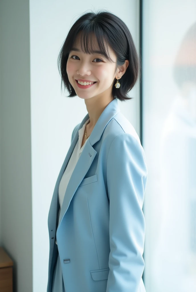 Highest quality, masterpiece, Ultra-high resolution, Height: 165cm, smile, Fine grain, short hair,Light blue suit, White shirt,Position: Sideways,The face is tilted,Casual pants, Beautiful Face, bangs, girl, 28 years old, Earrings, Cute Necklace,White wall conference room,Standing by the window looking outside