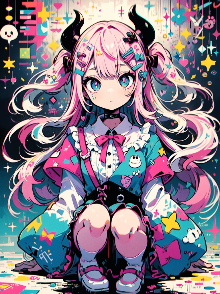 masterpiece, best quality, ultra detailed, beautiful shading, cinematic ligthing, studio lights, cute, kawaii, big eyes, flower pattern on pupil, shaped pupil , cute polka dot pattern on bows, plaid, light pink colored hair，Powder-blue pupils，Wear pink and blue maid outfits，Sweet girl with pure white,full body, full shot, horns, little devil, wow, retro, hairclips, decora, a lot of accessories