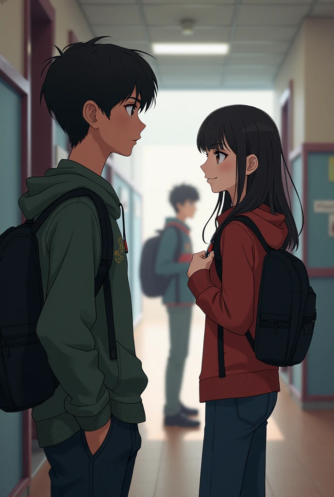A student boy lookng at a student girl with another boy