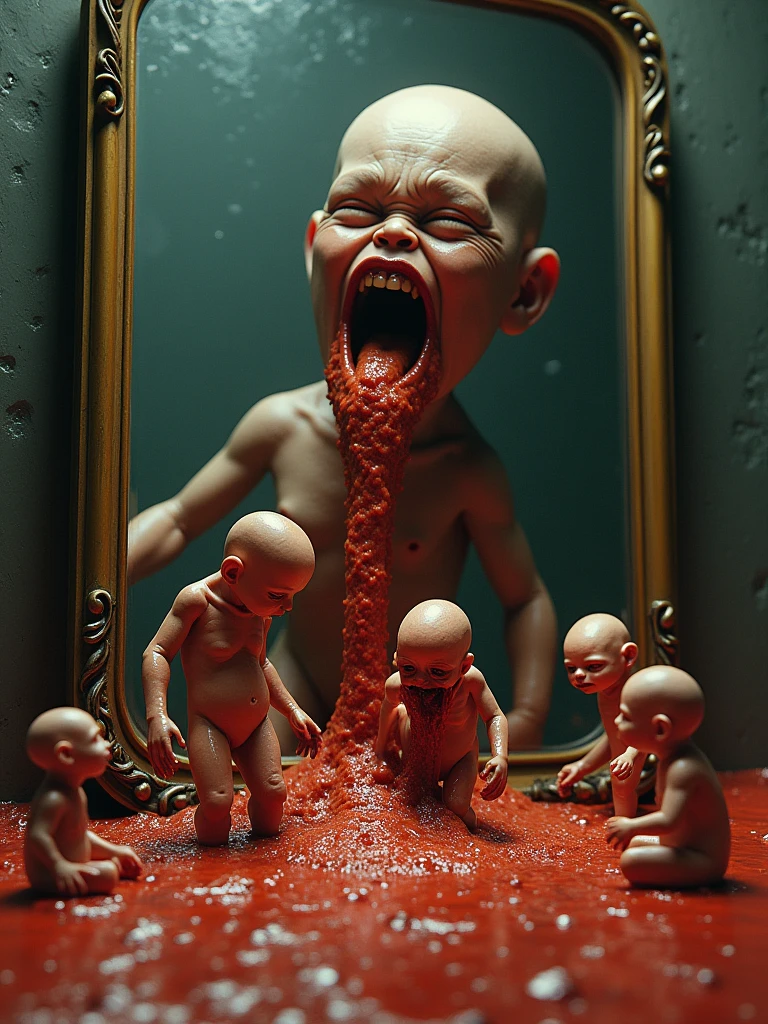 Vomiting perfusion of miniature replicas of your self into an eternal Oblivion, residing deep in you mirror reflection, with no splash back, as your reflection reaches out at you, as they get covered in puke, and parasitic midgets
