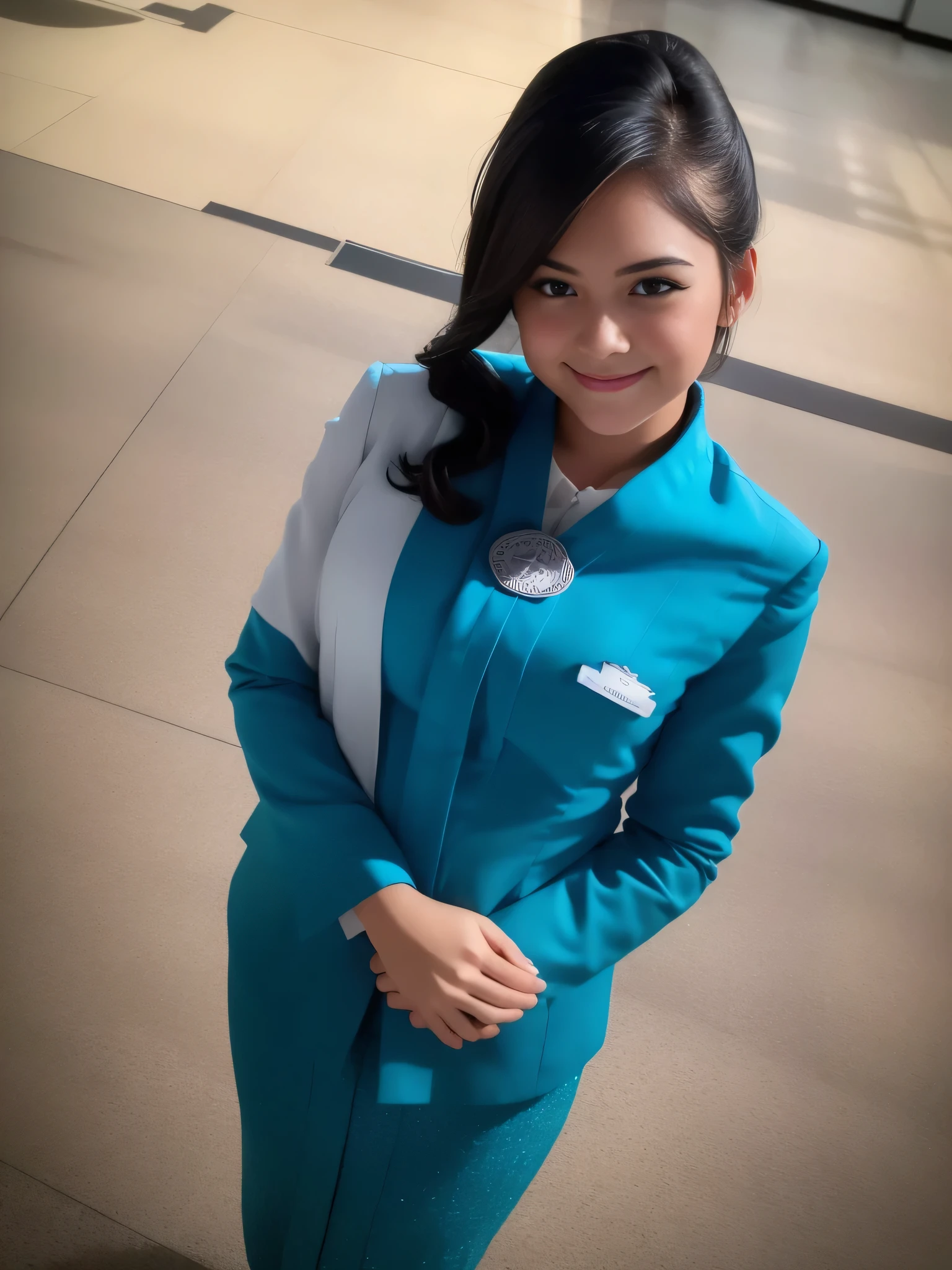 1girl, solo, 19 years old, standing in the middle of a large airport, seductive pose, thick medium breasts, fit body, smooth realistic skin, cute little smirk, wearing flight attendant uniform, looking at the audience, (overhead shot:1.3), (zoom-out:1.4), (8k, RAW photo, best quality, masterpiece: 1.4), (realistic, realistic: 1.37), ultra-high resolution, cowboy shot