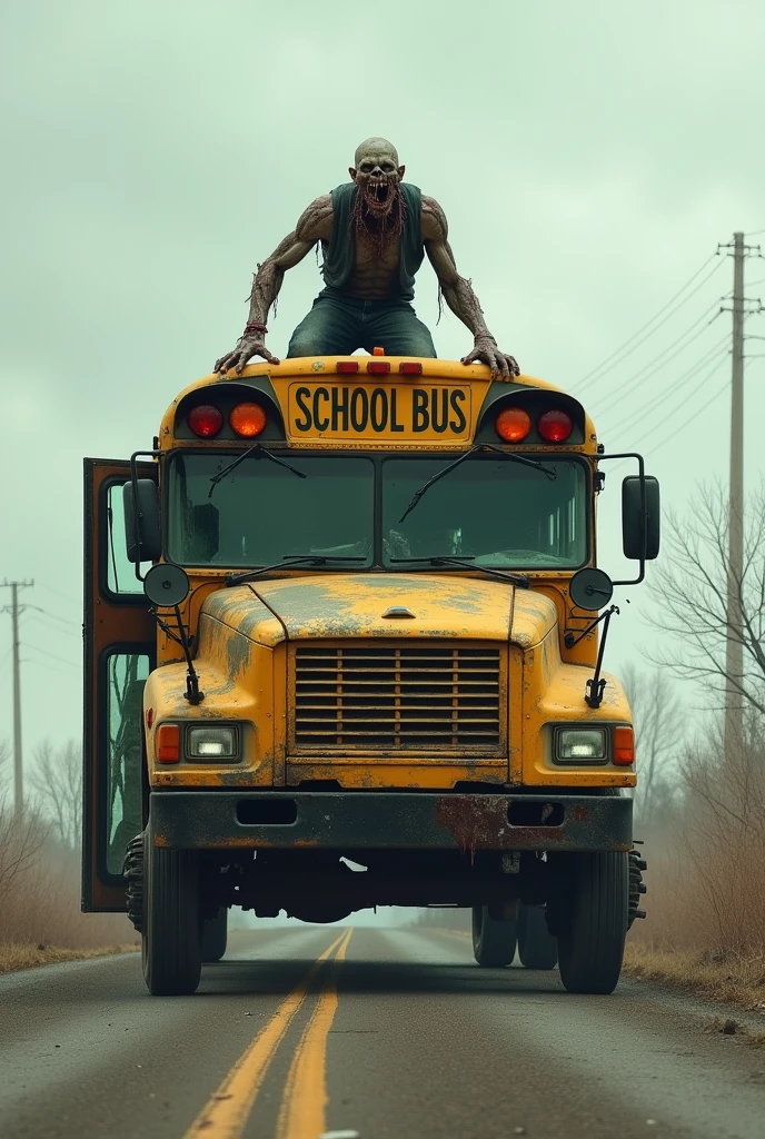 School bus in the middle of the road realistic, burnt. Faded yellow. Car window broken. the door is open. On top of the car there is a zombie roaring., open his mouth torn. 