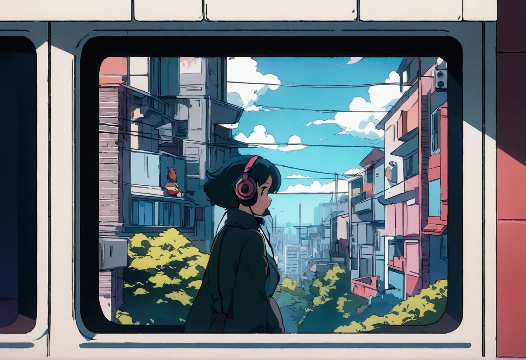 Anime girl wearing headphones looking out the window at the city, Lo-fi Girl, Anime atmosphere, Lofi Artstyle, Anime Style 4k, Anime Aesthetics, Nightcore, Lo-fi feeling, Lofi Art, anime art wallpaper 4k, anime art wallpaper 4k, anime wallpaper 4k, anime wallpaper 4k, An atmosphere of praise, Kaisei and Artgelm