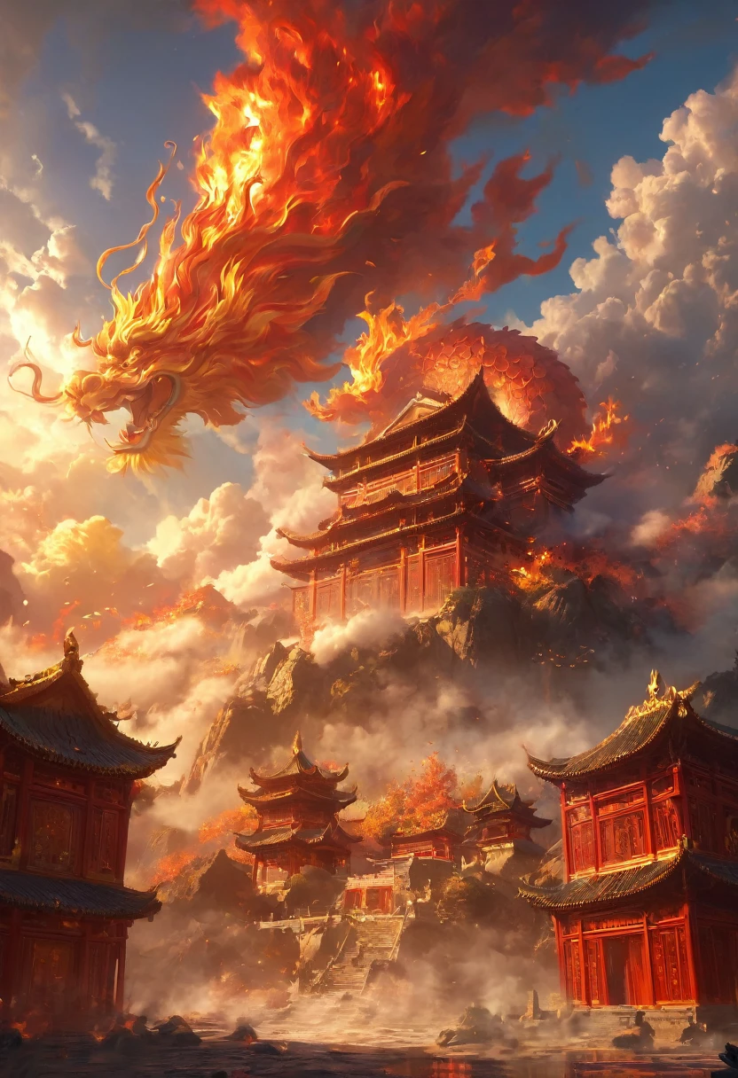 Dans un monde imaginaire, l'architecture traditionnelle chinoise, les chèvres de feu, les nuages, le soleil, le ciel, la montagne, la foudre, (Haute qualité, 4k, haute résolution, chef-d'œuvre : 1.2), extrêmement détaillé, (Réel : 1.37), couleurs vibrantes, effets flous, lumière dynamique.