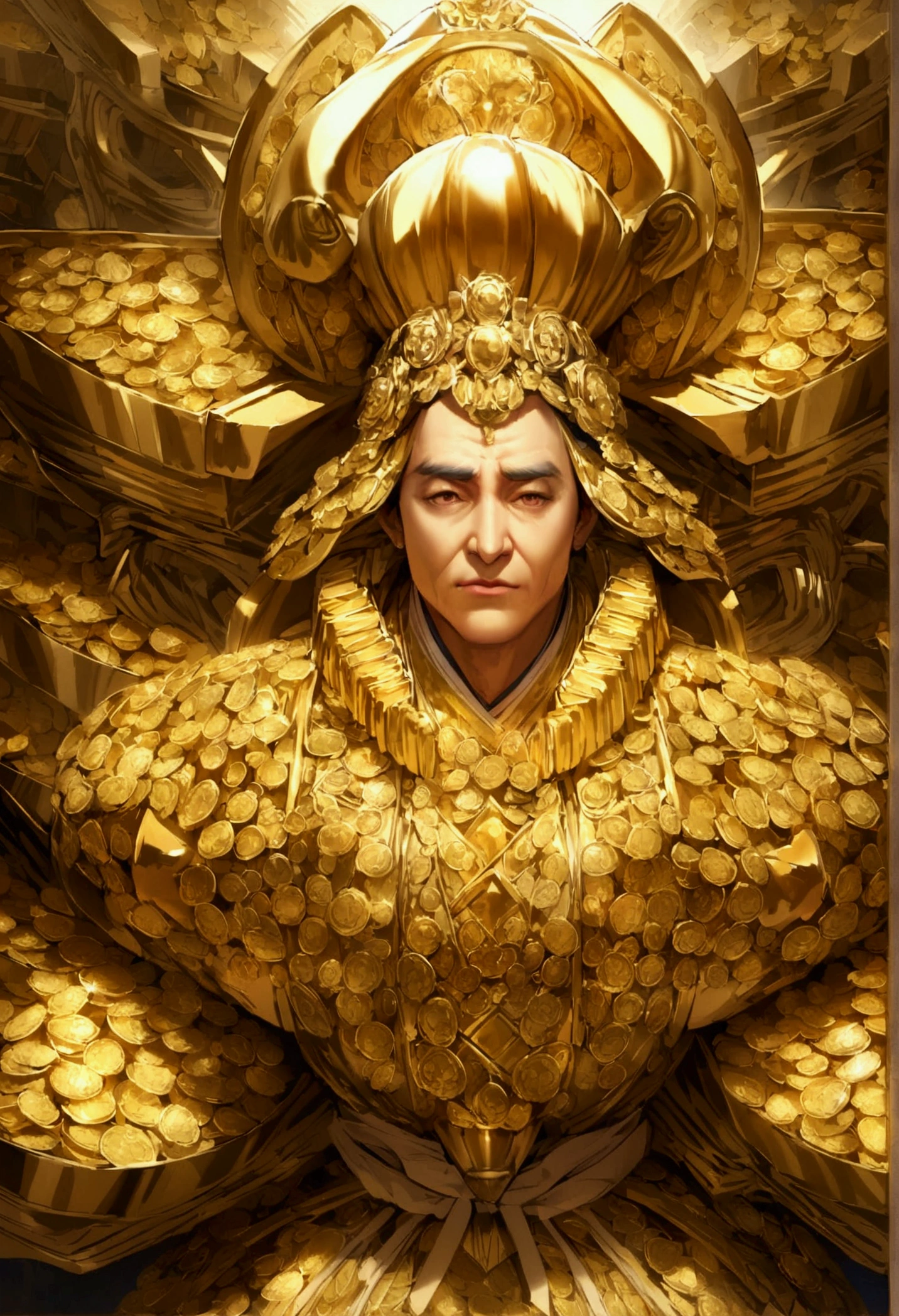 The god of wealth is surrounded by shining gold bars