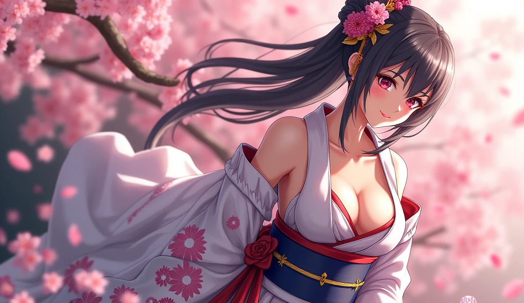 Japan, kimono, open shoulders, beautiful breasts, neckline, USA, sakura, Samurai Sword, flower petals, 