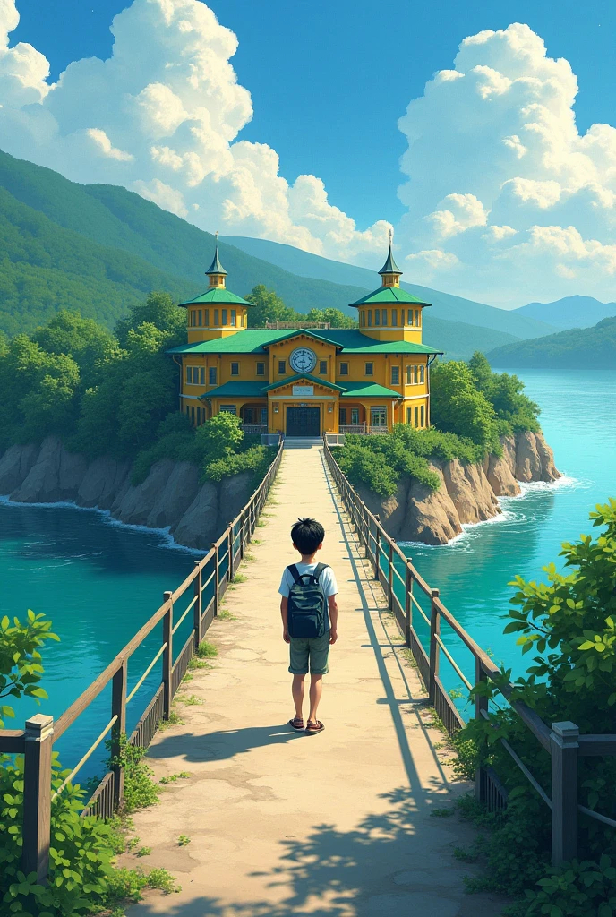 Image of a boy on a school bridge (the bridge is big facing the river) at a school on the island (the school is green and yellow 