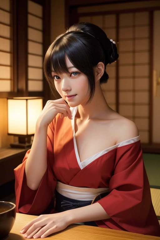 A beautiful woman,Japanese,The best goddess in Japan,Edo Period,Yoshiwara,Prostitute in a red-light district,A red undergarment with a white collar, Black Hair,kimono, kimonoを押し上げる巨大な胸,Laughter, Blushing, Japanese-style room,sitting beside the futon,
Looking at the audience,
break (Tabletop:1.2), Highest quality, High resolution, unity 8k wallpaper, (figure:0.8), (Beautiful deしっぽed eyes:1.6), extra of,Perfect lighting, (Perfect hands, Perfect Anatomy),Upper body portrait