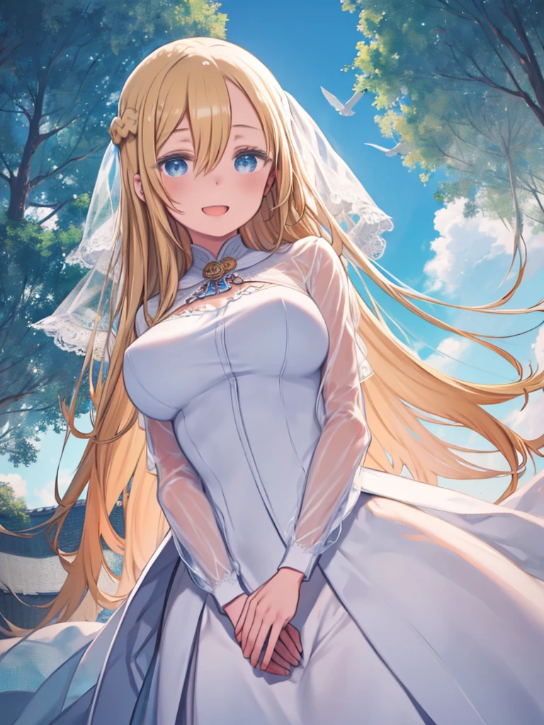 One Woman、Blonde Hair、long hair、Hair between the eyes、Braid、Blue Eyes、Big Breasts、Wedding dress、Clothes with embroidered lace、See-through clothing、Photographed in front of the white church、A happy smile、Open your mouth a little、Angle from below、blue sky、White Bird、wave hands、