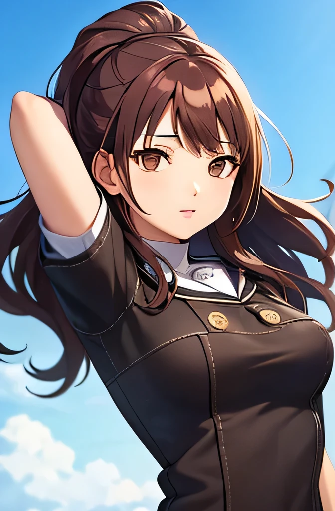 A schoolgirl with brown hair and brown eyes is wearing a tight schoolgirl uniform.、She has E cup breasts and thighs.、Spreading her legs,The whole body is visible