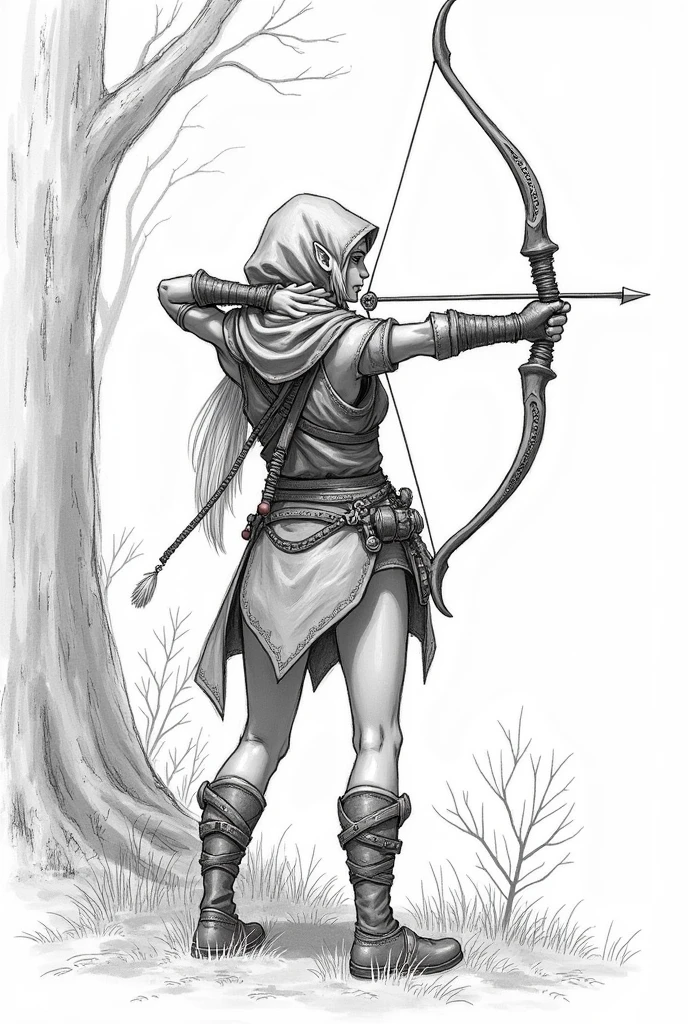 Elf back view with bow in sketch drawing style