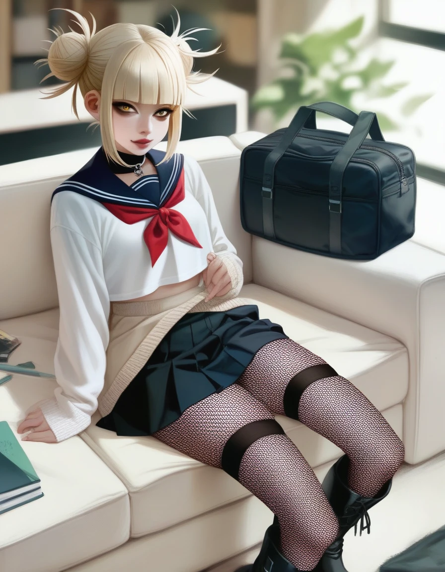 Himiko Toga (black fishnet stockings and black skirt) (black boots) 