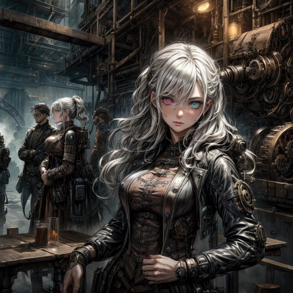 (absurdres, highres, ultra detailed), 2women twins, mature female, aged up, wavy long hair, split-color hair, heterochromia, bangs, long sleeves, finely detailed eyes and detailed face, extremely detailed CG unity 8k wallpaper, intricate details, (style-rustmagic:0.8), (medieval cyborg:0.8), portrait, (bloody wounds:0.7), looking at viewer, solo, half shot, detailed background, (steampunk theme:1.1) determined expression, dark couds technomancer, floating lights, color leather vest with gears, techwear, jetpack, workshop in background, machines, gears, steam, industry, technology, furnace, grime, anvil, buttons, levers, automaton, electricity, electric sparks epic atmosphere,, portrait