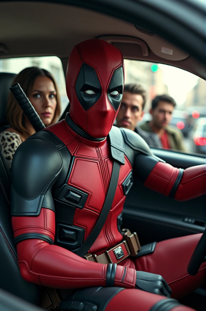 deadpool as a carpool driver in a realistic road with passengers