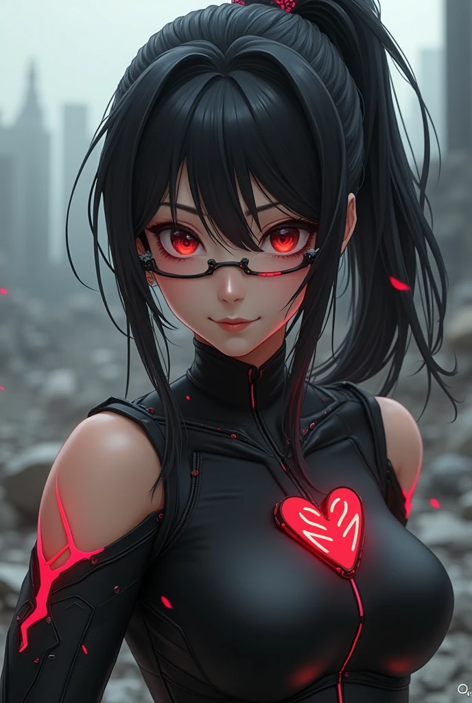 (Ultra-high precision photo),(Highest quality:1.2),(On the rubble of a collapsing city),(Perfect Beautiful Face 1.2, Cool look, Thick eyebrows, Strong-willed eyes, Invincible smile),(Perfect and beautiful posture:1.2),((Japanese women, Android female warrior)), ((muscle)), (Black hair ponytail),Clear Eyes,((Burning heart logo, Red accent on black background:1.2, Cyber Suit, Glasses, Shoulders are exposed))