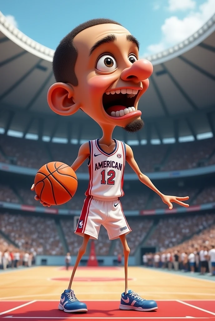 Funny caricature of Anthony Edwards with a big head and open mouth and long legs and small hands and Small legs in the uniform of the American national basketball team while throwing a basketball with the background of the United States in the Olympic Stadium in Paris.