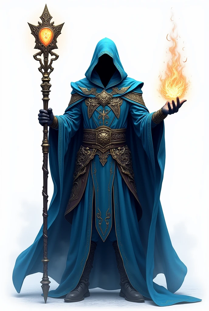drawning, sharp colors, A Magician, medieval style, holding a staff, blue colors with gold details, fully body, white background, BOARD PIECE, character seen from the front