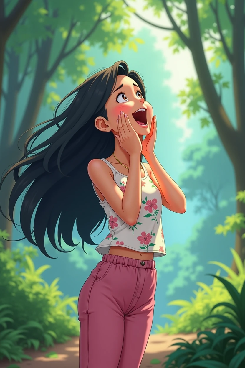 A 25-year-old girl,Wearing a white floral top,Black long hair,Place your hands on either side of your mouth,Happy shout,Pink pant,Shout to the sky,sideways,side,Background with forest,Trees,Anime style,Pixar style