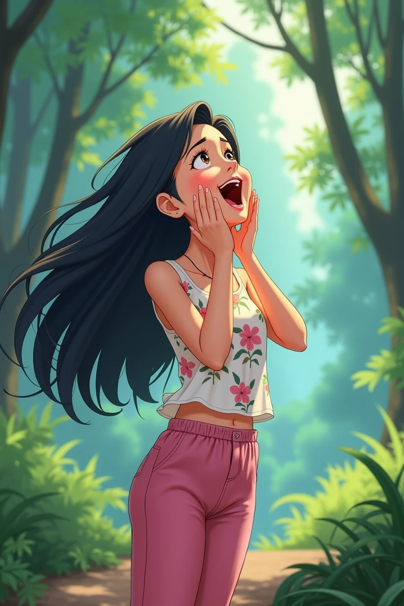 A 25-year-old girl，Wearing a white floral top，Black long hair，Place your hands on either side of your mouth，Happy shout，Pink pant，Shout to the sky，sideways，side，Background with forest，Trees，Anime style，Pixar style