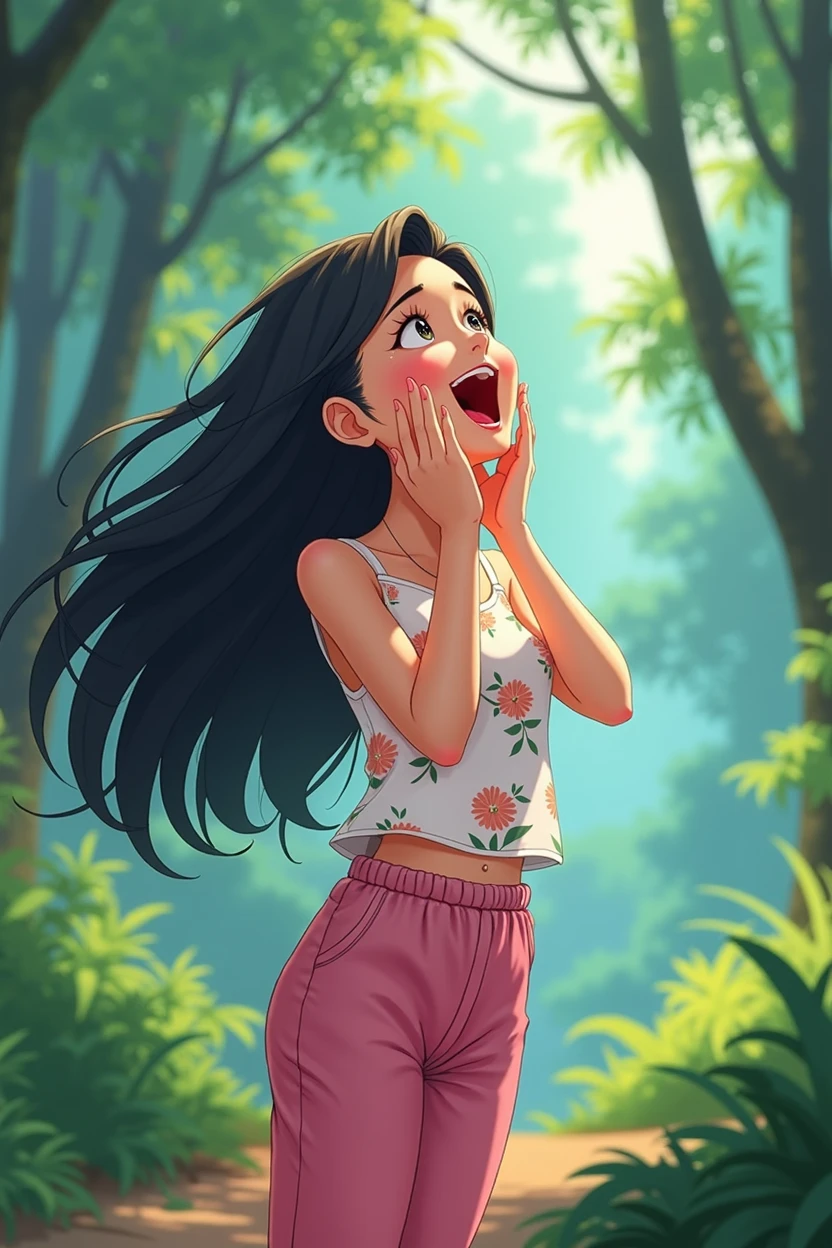 A 25-year-old girl,Wearing a white floral top,Black long hair,Place your hands on either side of your mouth,Happy shout,Pink pant,Shout to the sky,sideways,side,Background with forest,Trees,Anime style,Pixar style