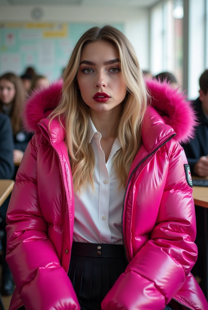 cute 16 year old English teenage girl ,wearing a very large hot pink tight shiny puffer coat, very thick eyebrows, photorealistic, masterpiece, moncler, fluffy fur hood, , wavy hair, large breasts, open coat, school uniform,very tight white blouse, pleated skirt, heavy makeup, dark red lipstick, dyed blonde hair, chavvy, chav, attitude, pouting, sitting in classroom, dark foundation, very tight clothing