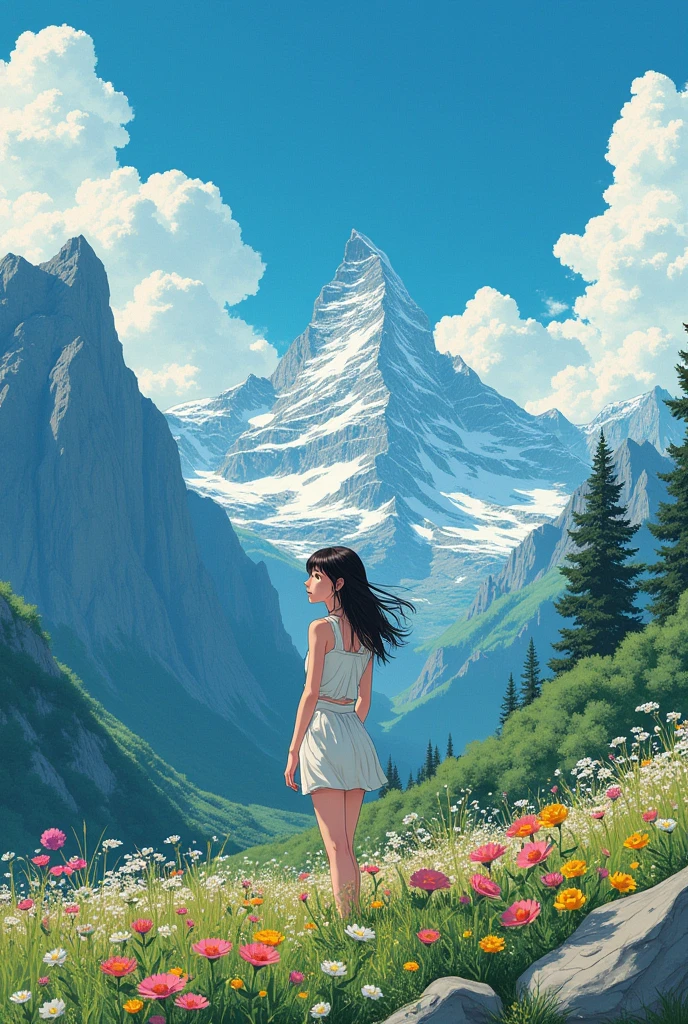 Yoshihiro Togashi style, brunette, female, mountains, sky, landscape, flowers