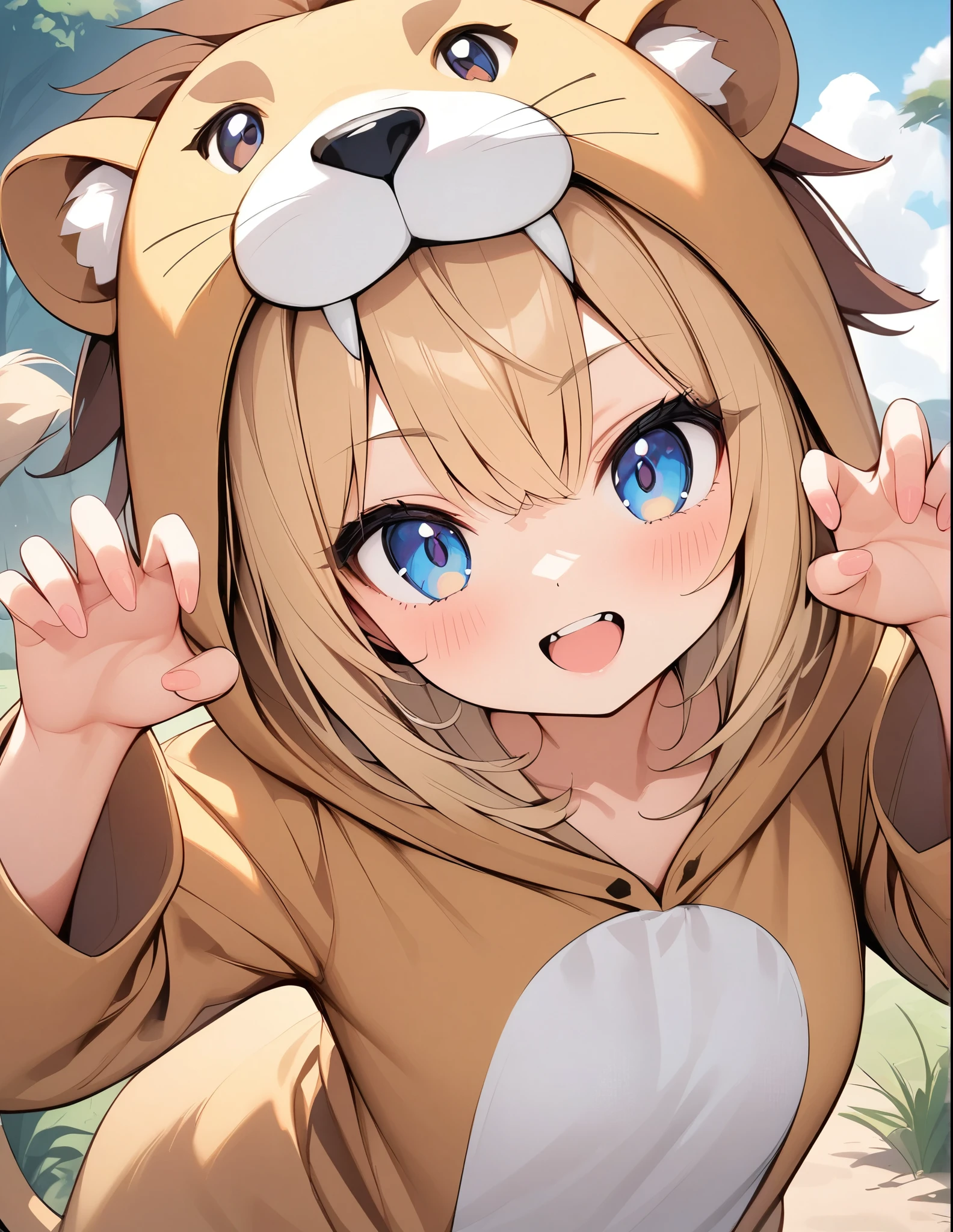 ((Amazingly absurd)),超High resolution, Attention to detail, high quality, High resolution, 最high quality, 4K, 8k, Lion Girl、cute、Beast Pose、tooth、Savannah background、((Lion costume))、cute