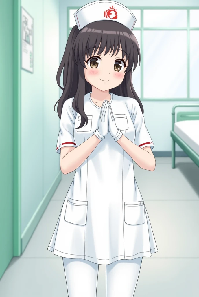 Girl 1,nurse, Wearing white, ((Nurse cap,White legs, Zetai Ryuki)), White gloves, Are standing, ((Hospital room)), Short sleeve,Captivating smile,drooping eyes,Sharp contours,Super Detail,high quality,Attention to detail,最high quality,1080P