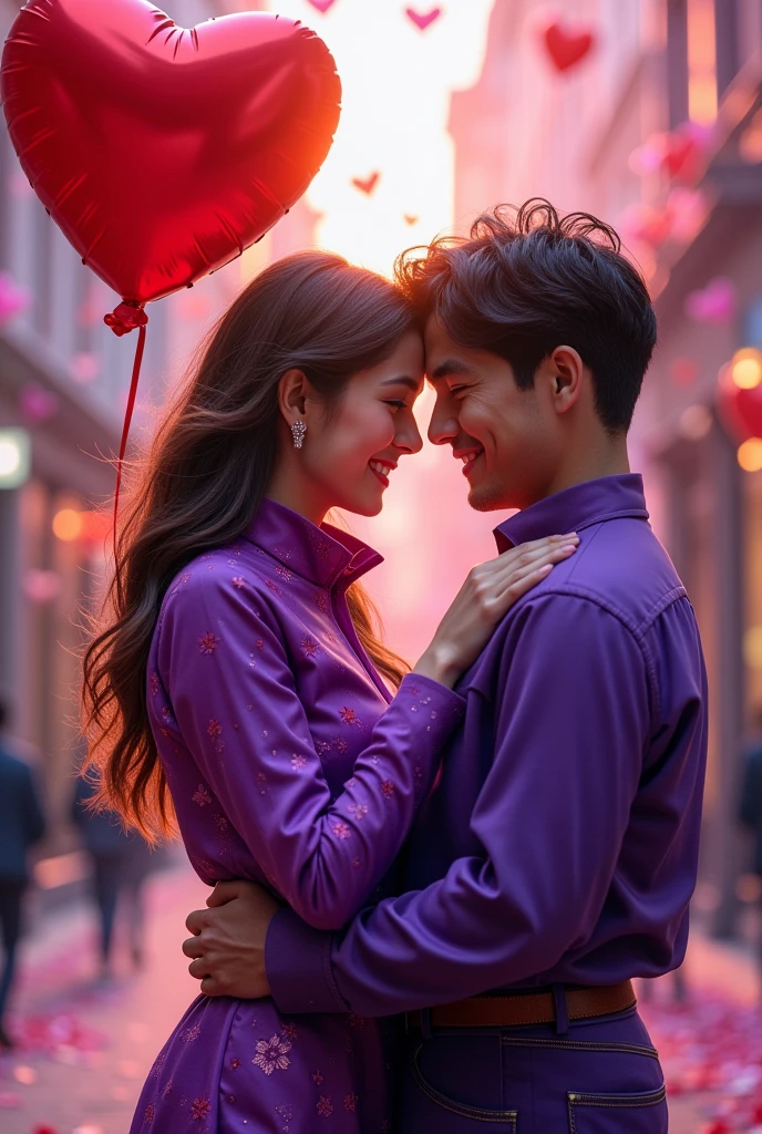 A man and a woman,girl, Idol, purple outfit,popping a red heart balloon